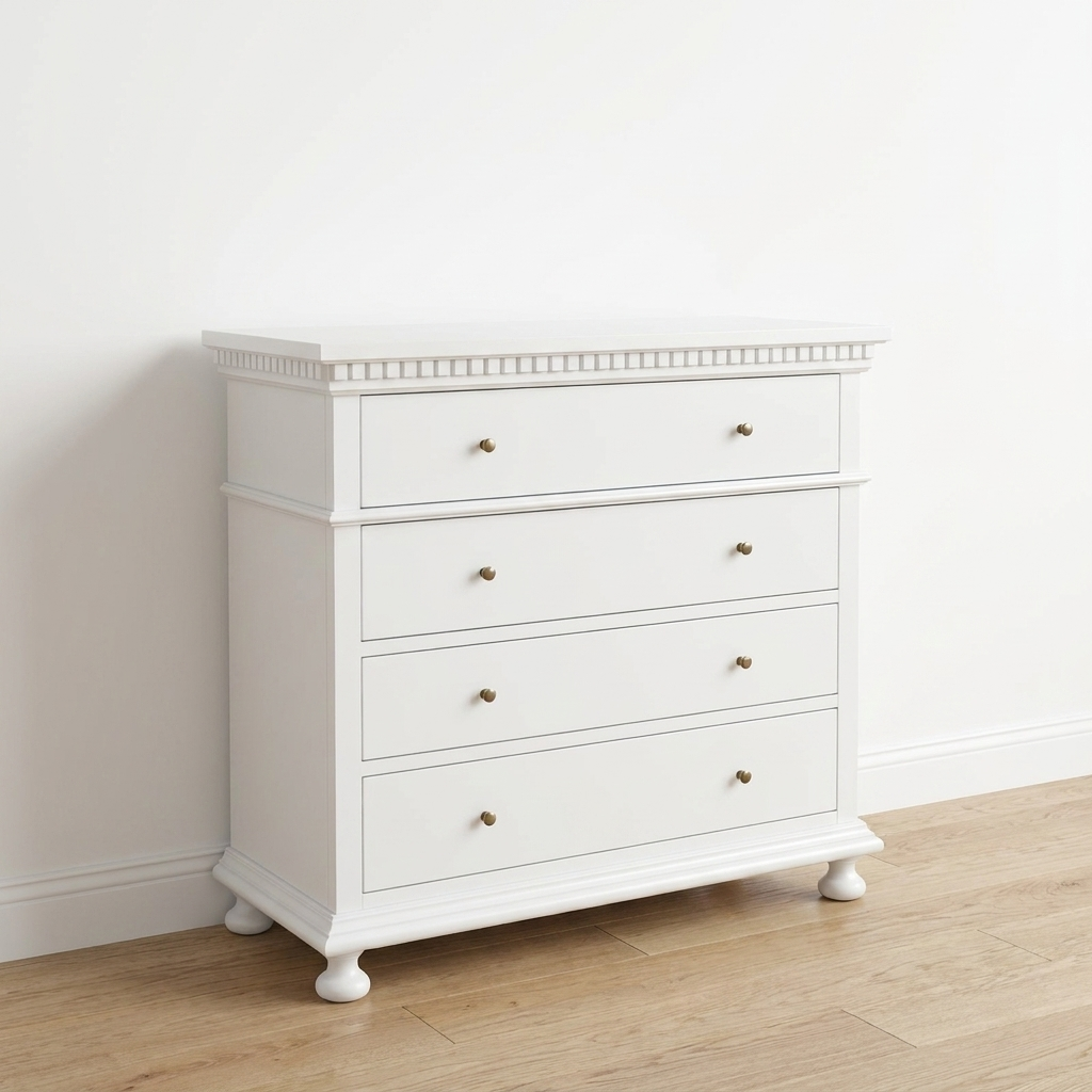 Regency Four Drawer Chest of Drawers Satin White 120cm wide x 50cm deep x 108cm high