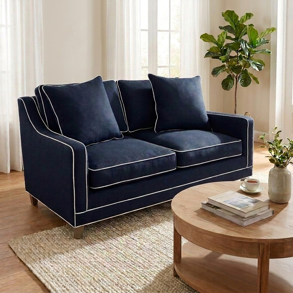 Martha 2 Seater Linen Lounge Navy 170cm wide x 102cm deep x 91cm high