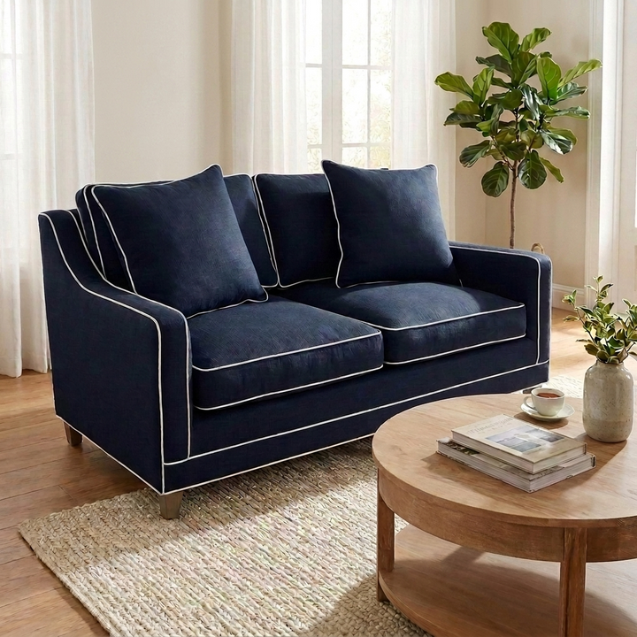 Martha 2 Seater Linen Lounge Navy 170cm wide x 102cm deep x 91cm high