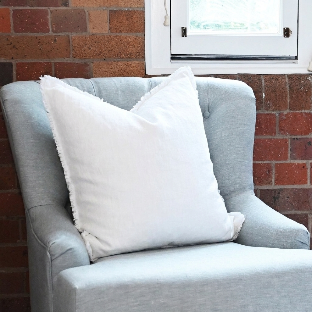Heather White Square Fringed Linen Cushion