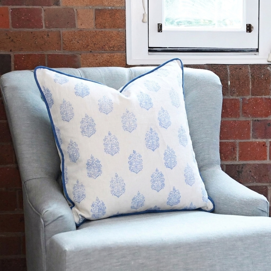 Blue Motif Block Print Linen Cushion