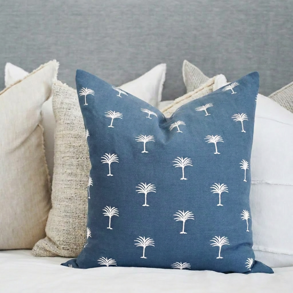 Palm Tree Blue Linen Square Cushion
