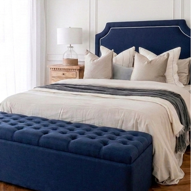 Scarlett Linen Bedhead with white piping