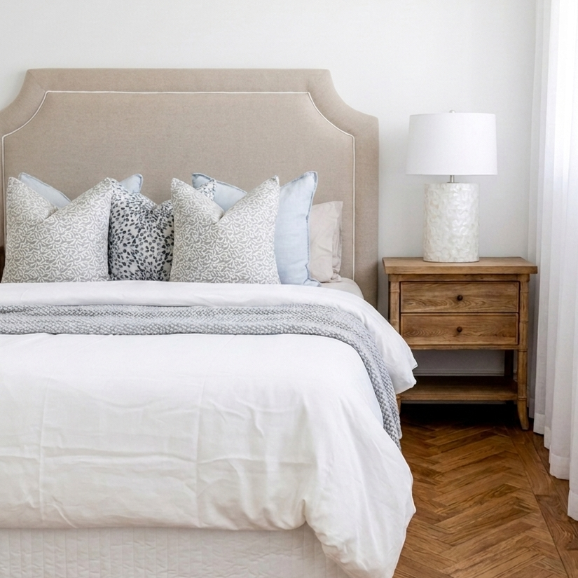 Scarlett Linen Bedhead with white piping