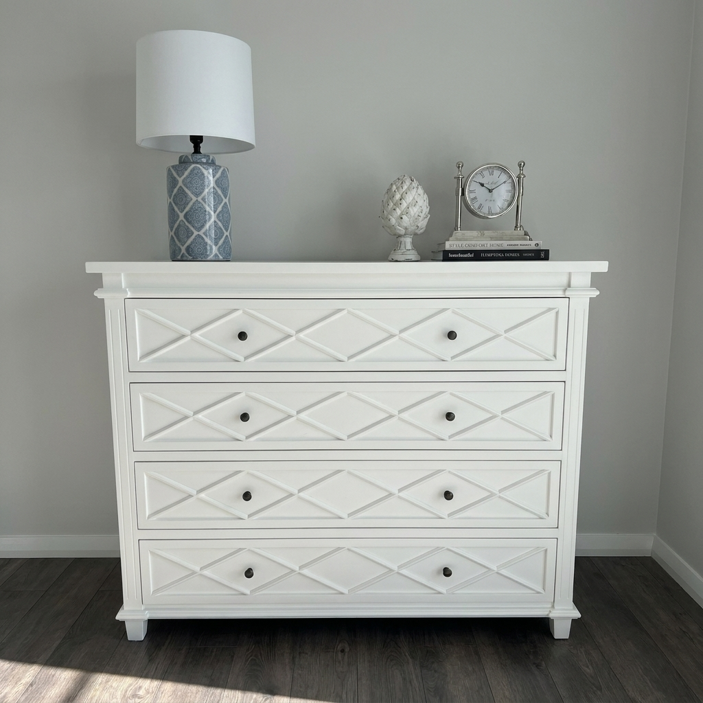Ascot Four Drawer Chest Satin White 130cm wide x 50cm deep x 108cm high