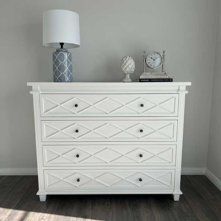 Ascot Four Drawer Chest Satin White 130cm wide x 50cm deep x 108cm high