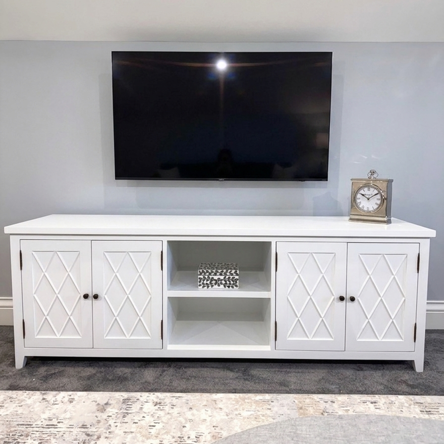 Hamptons White Entertainment unit in media room for coastal home