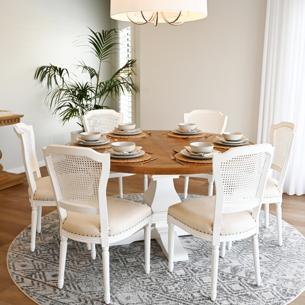 Hannah Parquetry Round Dining Table With White Base