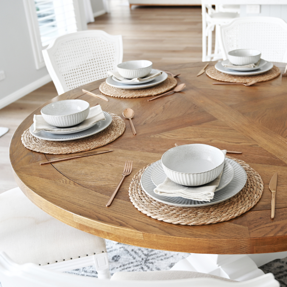 Hannah Parquetry Round Dining Table With White Base