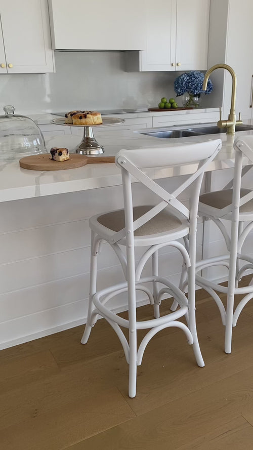 Cross back white stools with linen seat