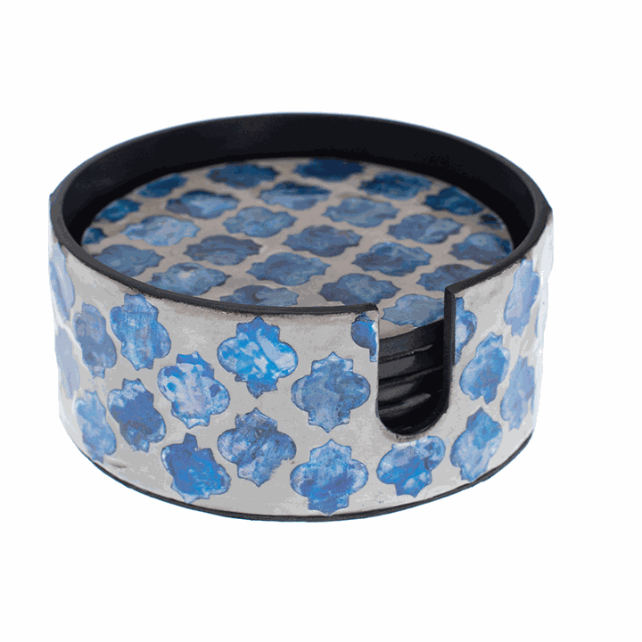 Quatrefoil Mother Of Pearl Coaster Set- Blue
