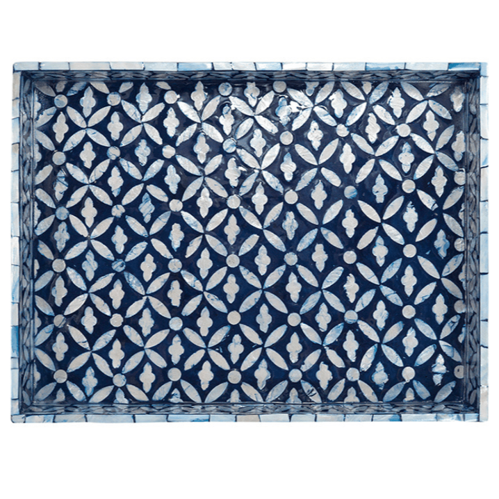 Floral Blue Rectangular Mother Of Pearl Tray