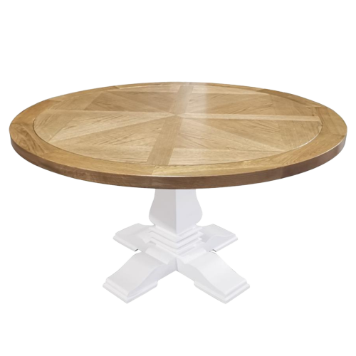 Hannah Parquetry Round Dining Table With White Base