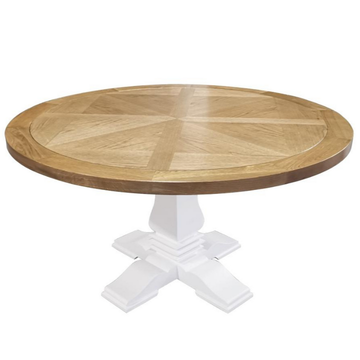 Hannah Parquetry Round Dining Table With White Base