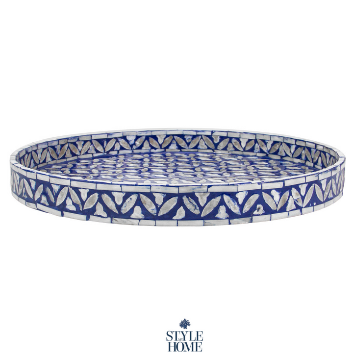 Floral Blue Round Mother Of Pearl Tray