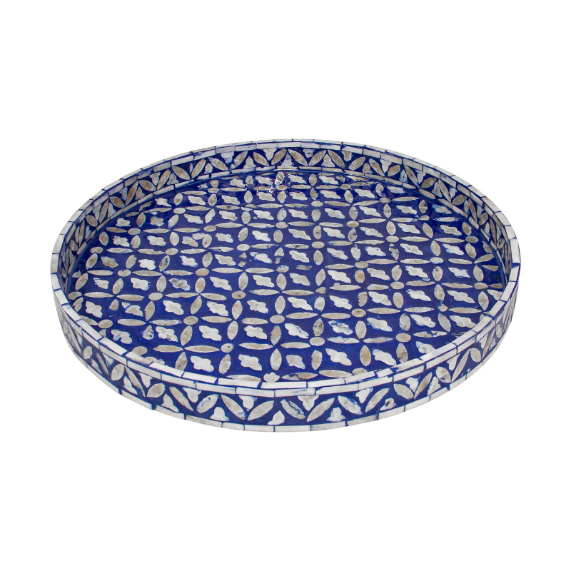 Floral Blue Round Mother Of Pearl Tray