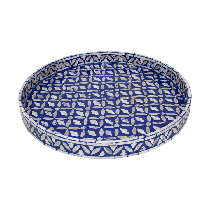 Floral Blue Round Mother Of Pearl Tray