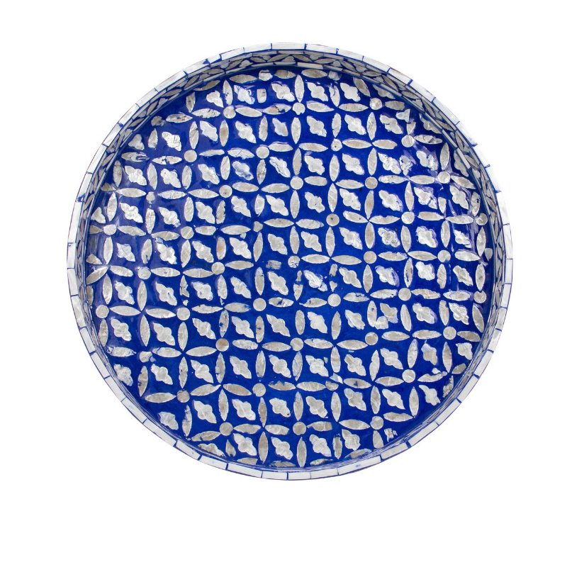 Floral Blue Round Mother Of Pearl Tray