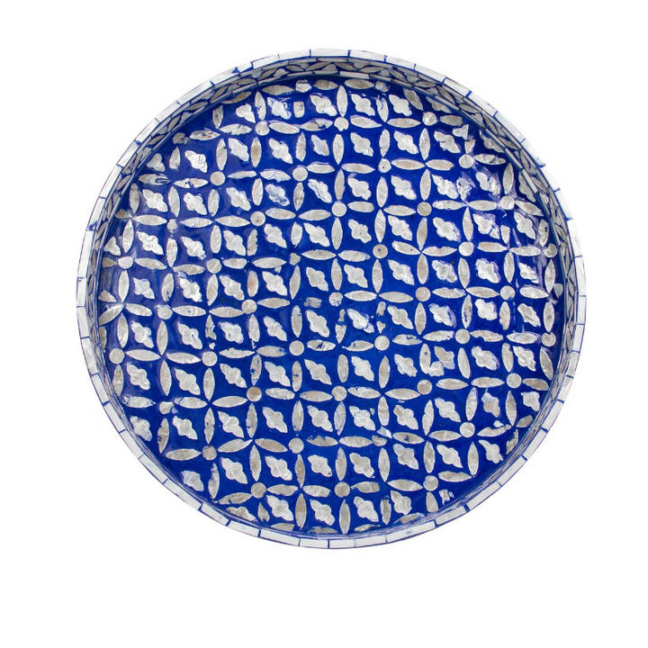 Floral Blue Round Mother Of Pearl Tray
