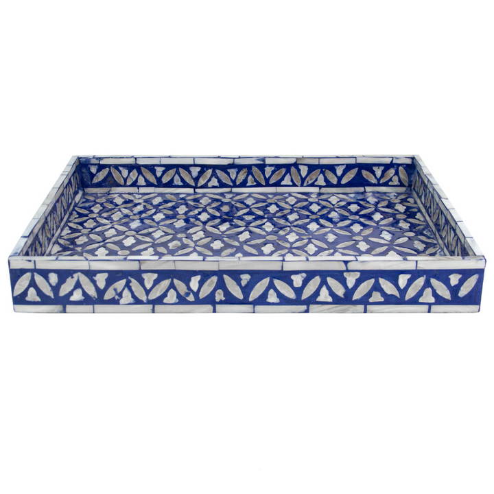Floral Blue Rectangular Mother Of Pearl Tray
