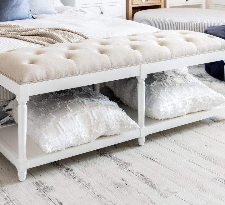 Antoinette Linen Upholstered Oak Bench Seat Satin White Oatmeal 150cm wide x 50cm deep x 53cm high