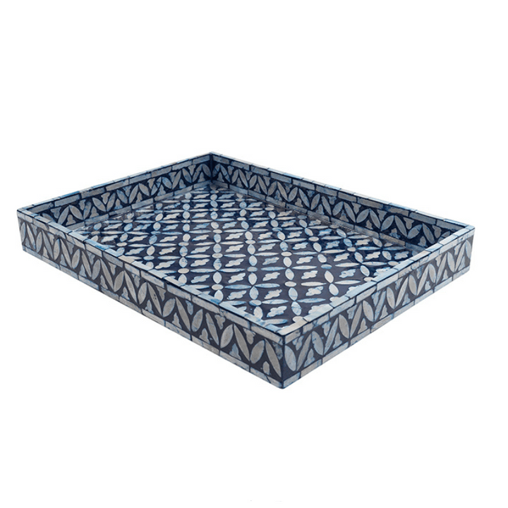 Floral Blue Rectangular Mother Of Pearl Tray