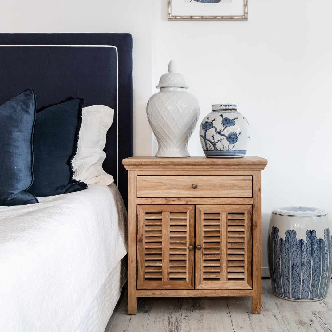 Plantation Medium Louvre Bedside Table Whitewash Oak 67cm wide x 47cm deep x 73cm high