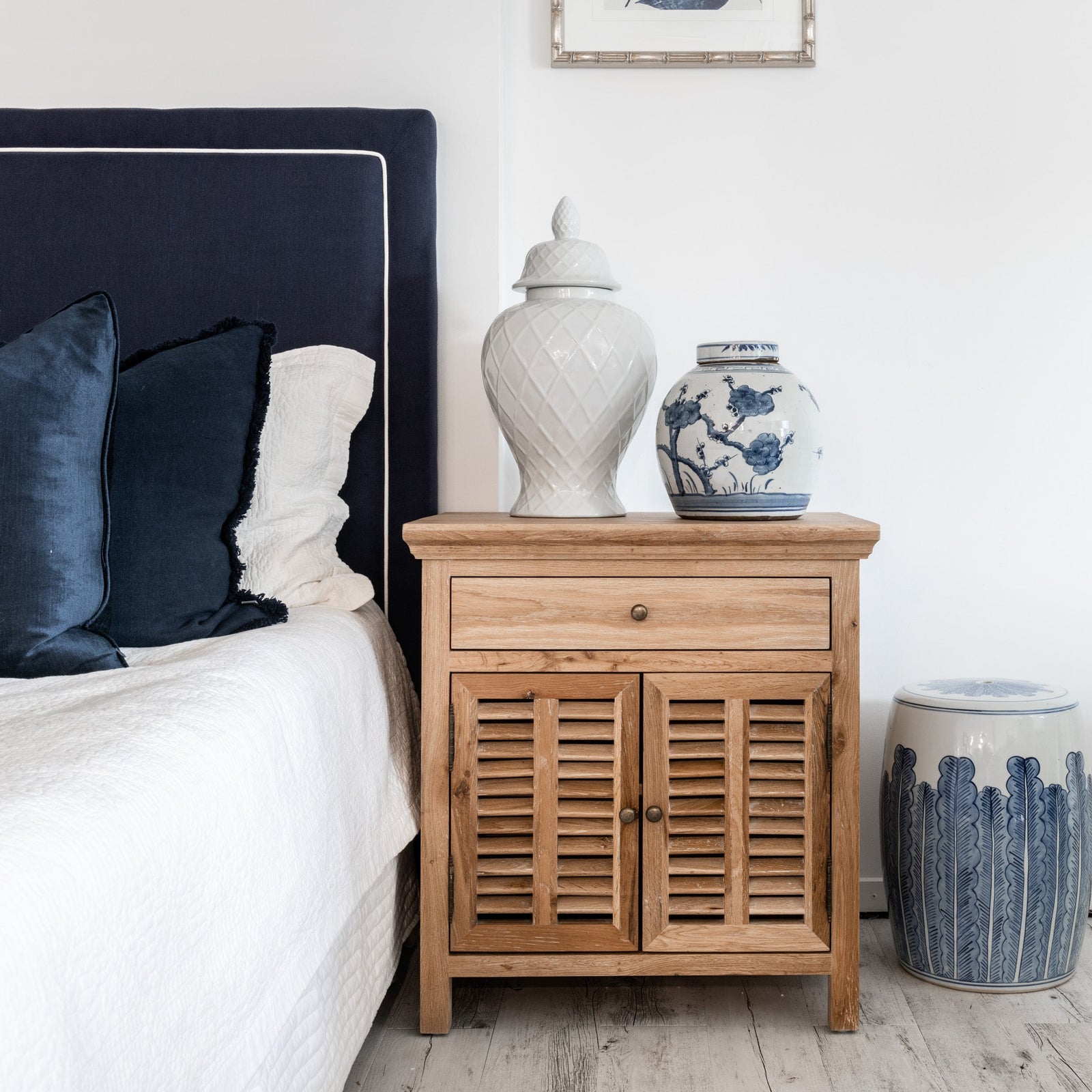Plantation Medium Louvre Bedside Table Whitewash Oak 67cm wide x 47cm deep x 73cm high