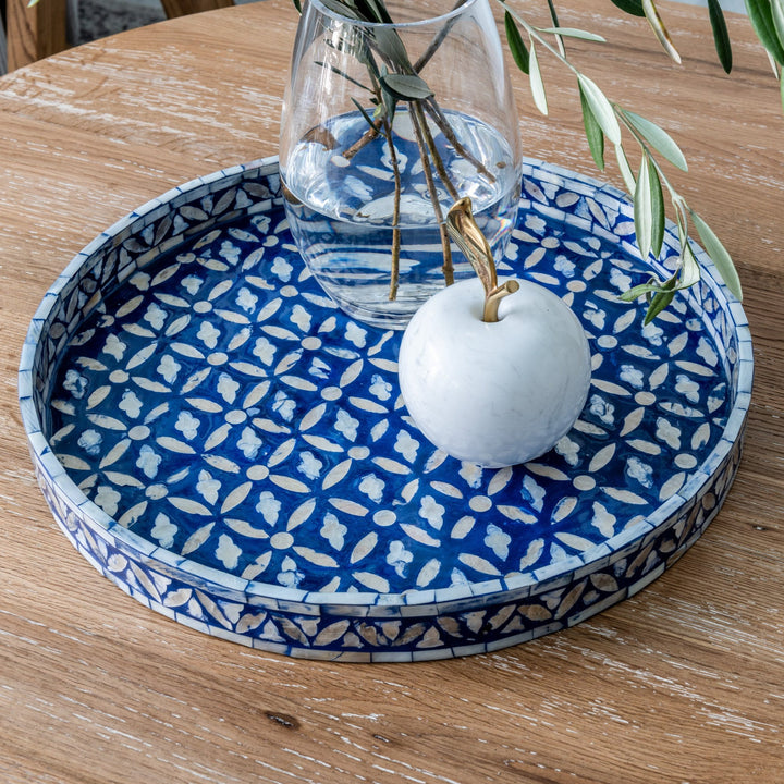Floral Blue Round Mother Of Pearl Tray