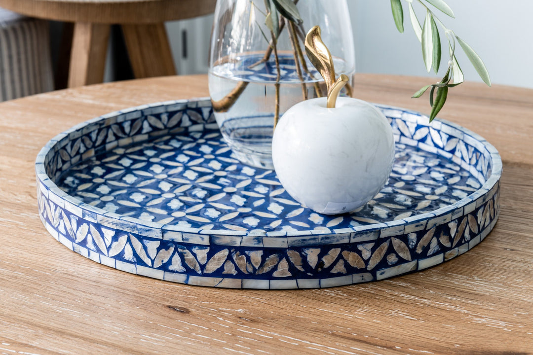 Floral Blue Round Mother Of Pearl Tray