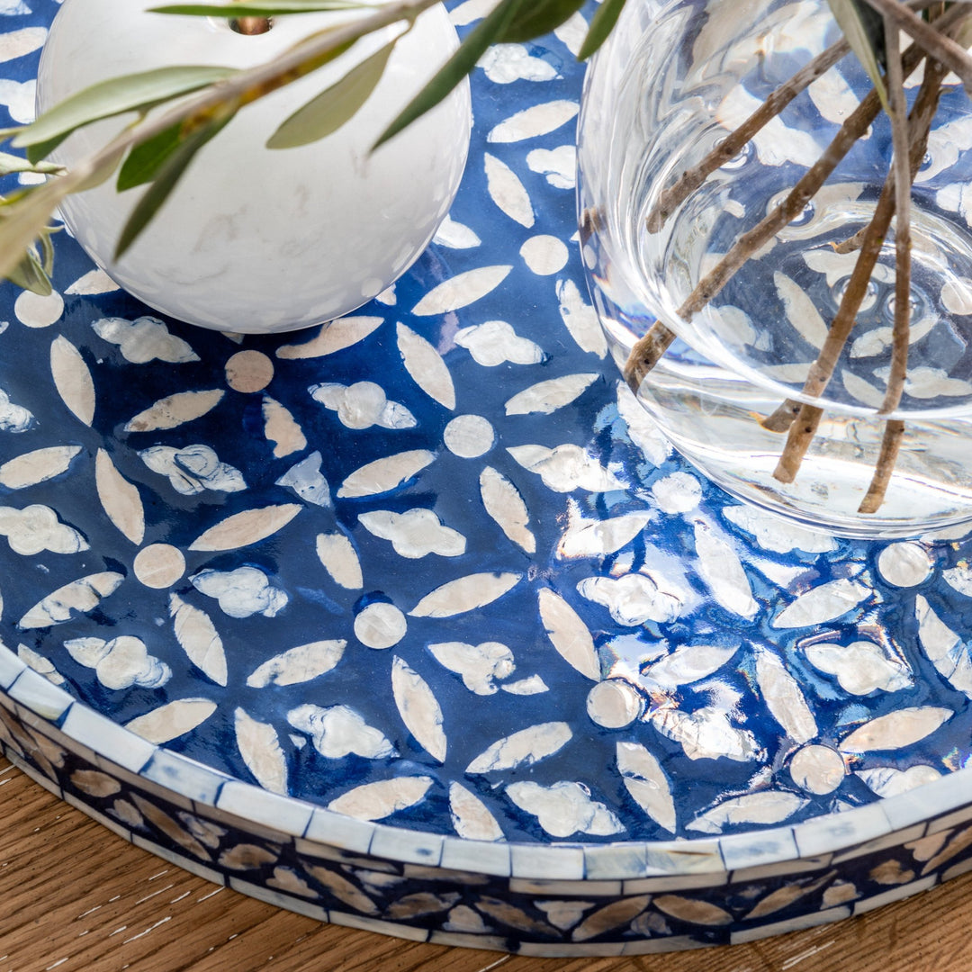 Floral Blue Round Mother Of Pearl Tray