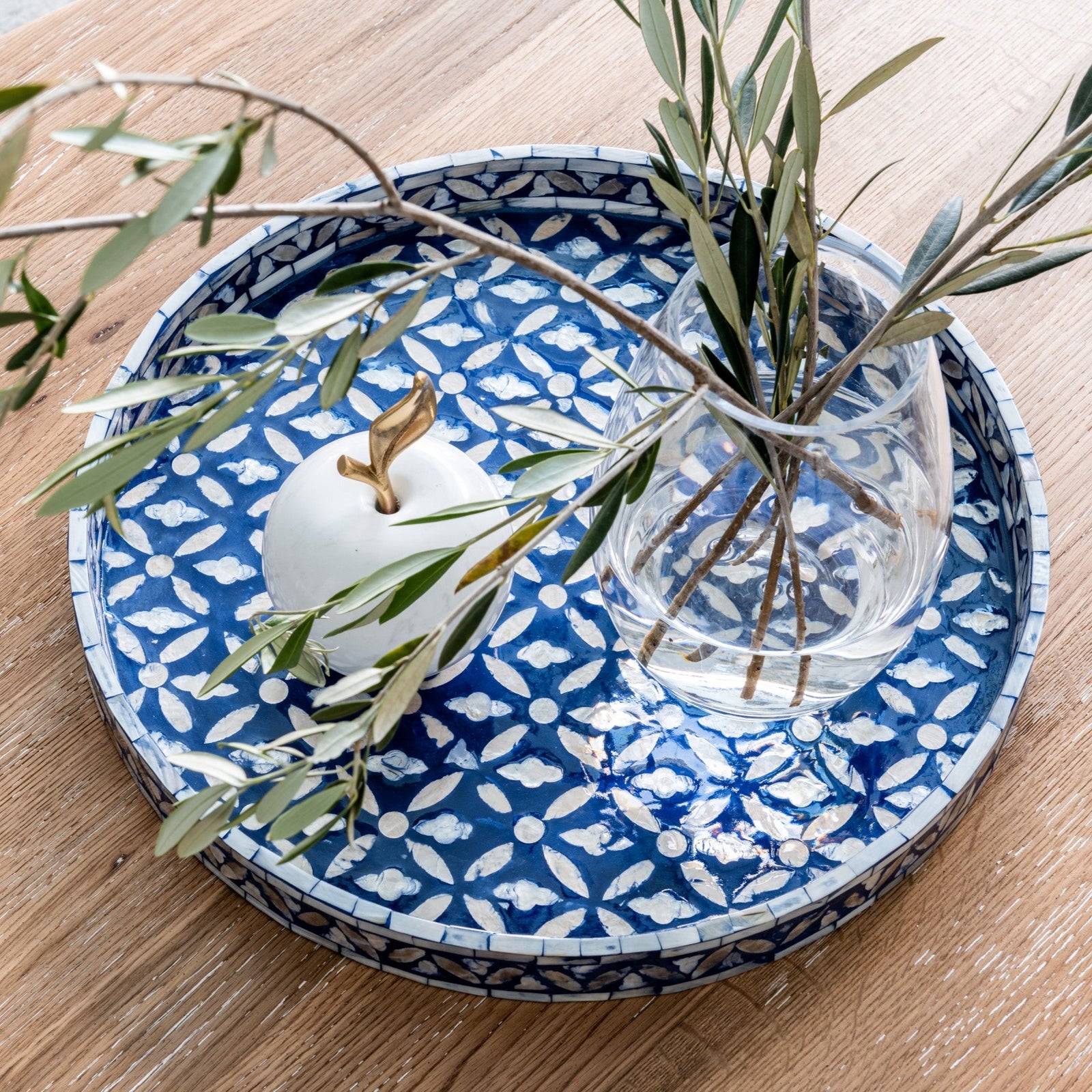 Floral Blue Round Mother Of Pearl Tray