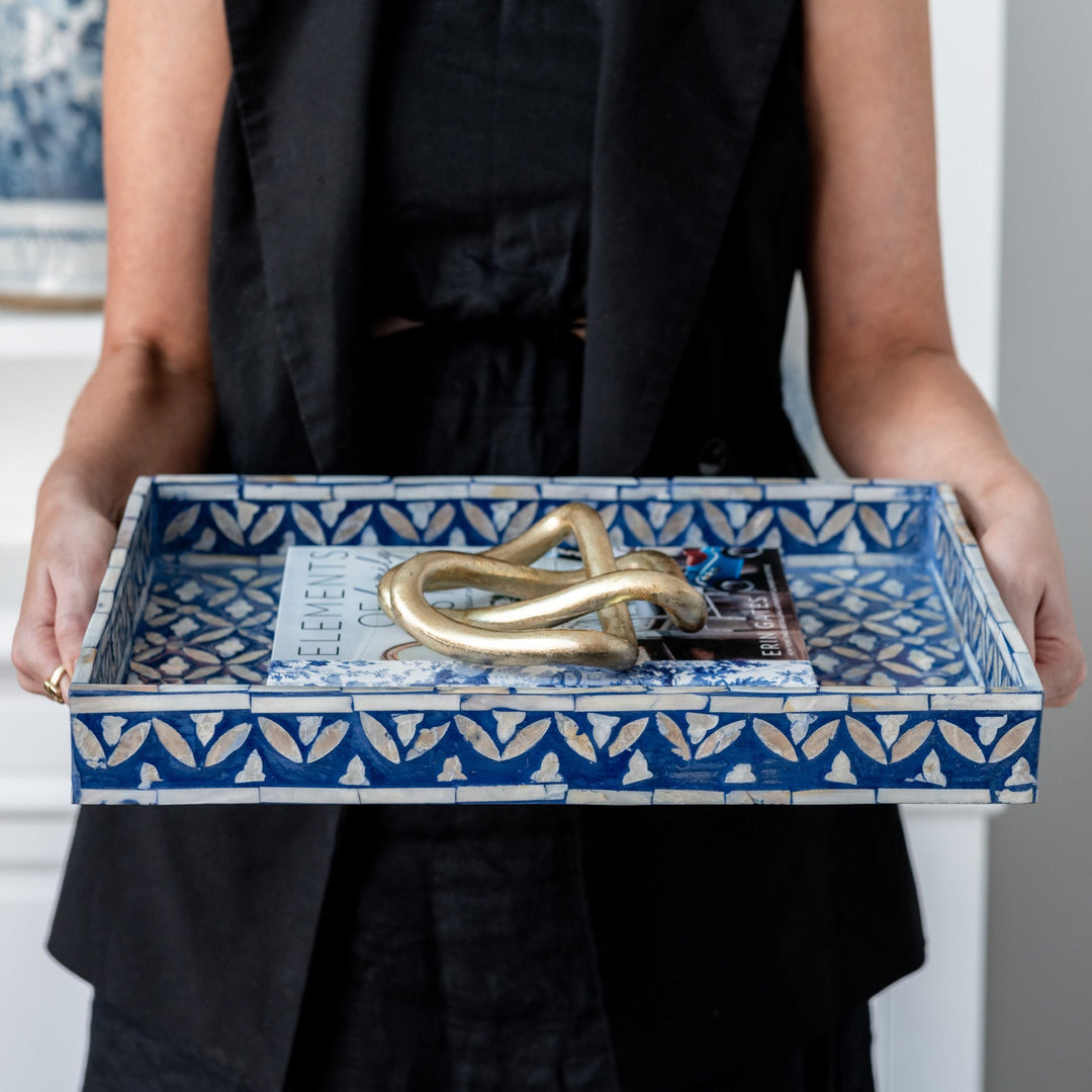 Floral Blue Rectangular Mother Of Pearl Tray