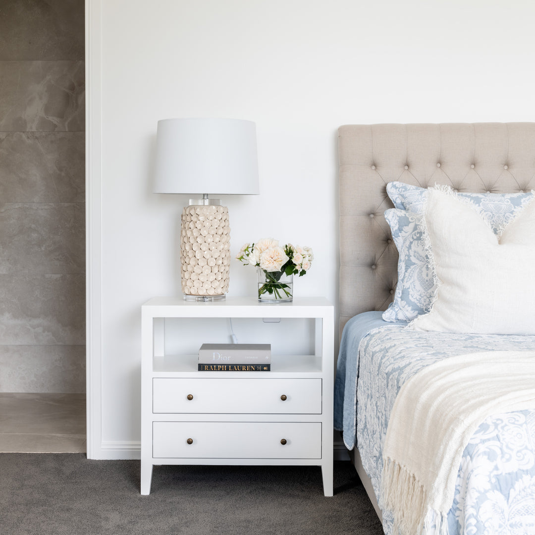 Gold Coast Elliot Large White Bedside Table x 2 Satin White 75cm wide x 45cm deep x 75cm high