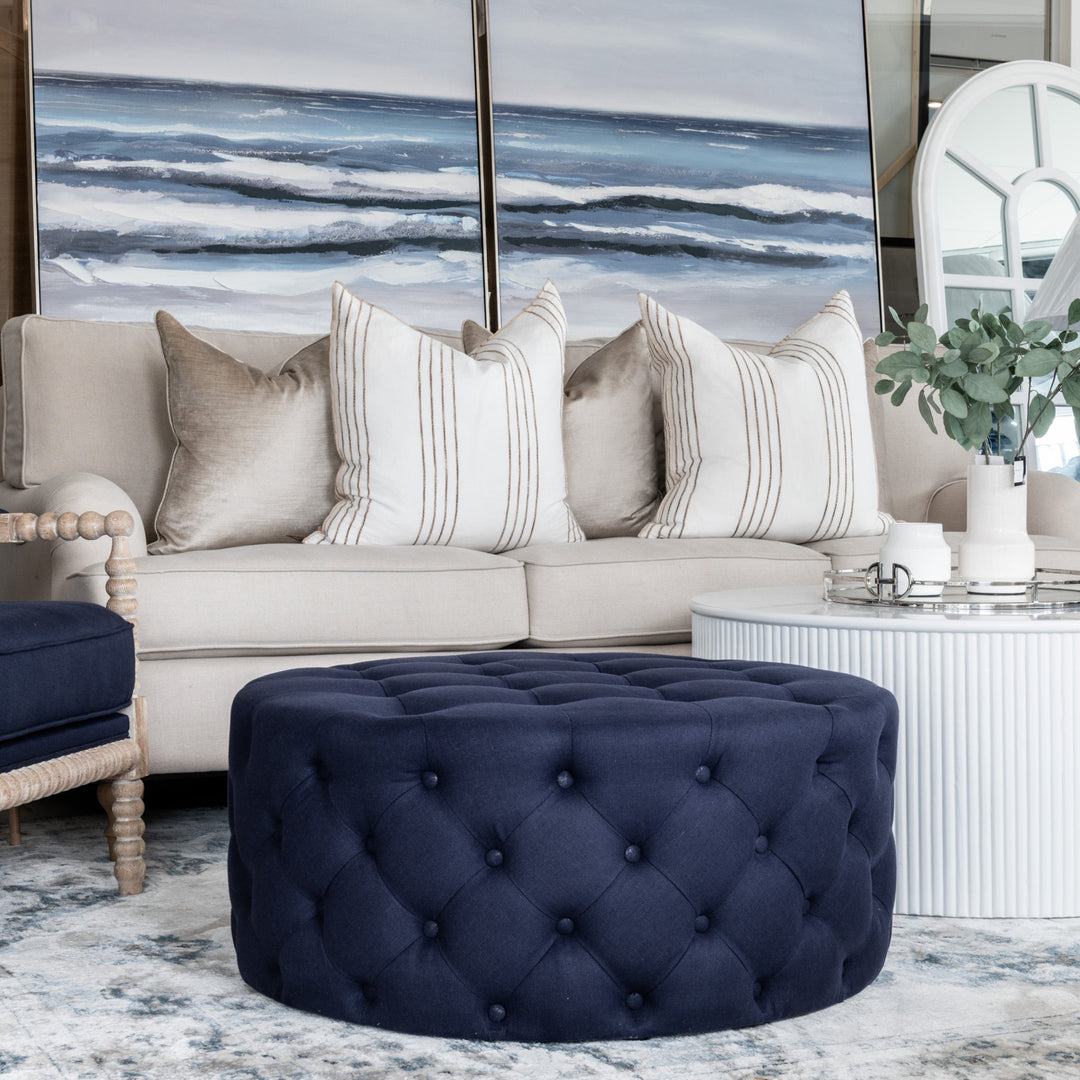 Charlotte Tufted Linen Round Upholstered Ottoman