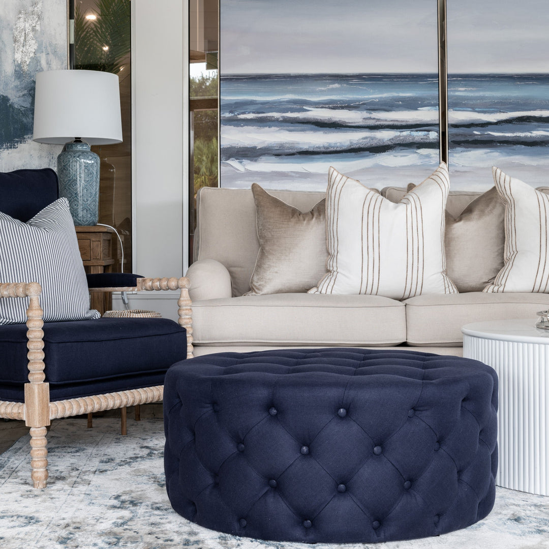 Charlotte Tufted Linen Round Upholstered Ottoman