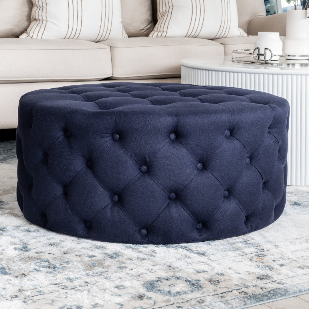 Charlotte Tufted Linen Round Upholstered Ottoman
