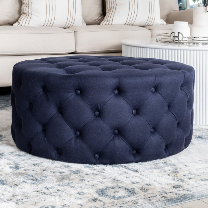 Charlotte Tufted Linen Round Upholstered Ottoman