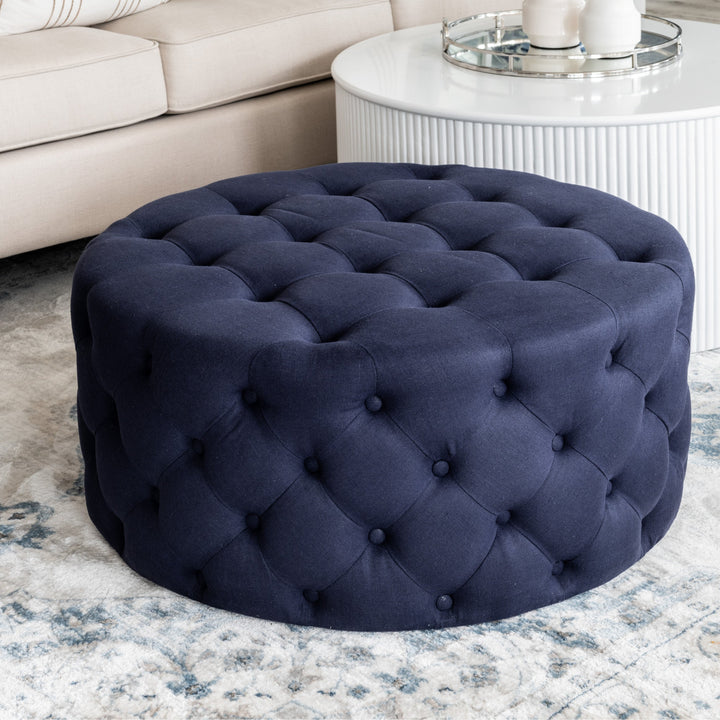 Charlotte Tufted Linen Round Upholstered Ottoman