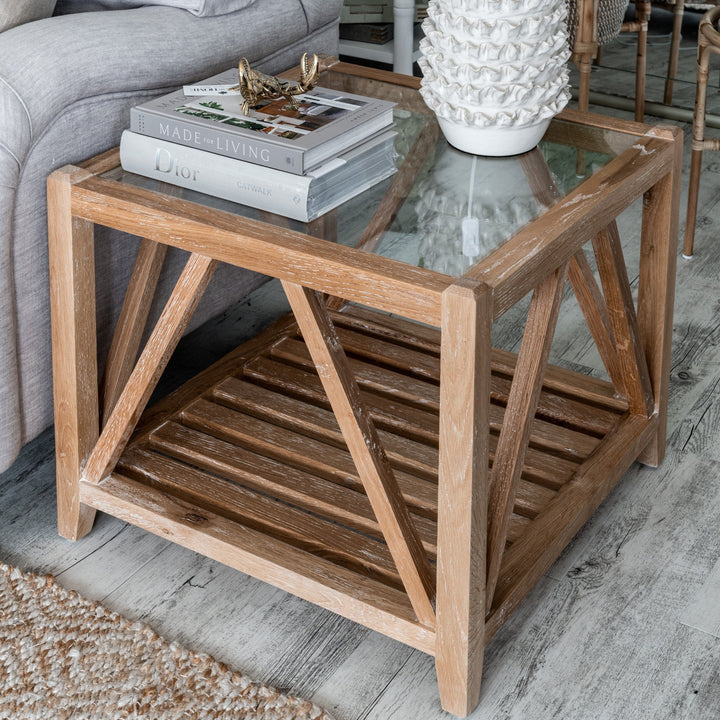 Samuel Oak And Glass Side Table Whitewash Oak 60cm wide x 60cm deep x 50cm high