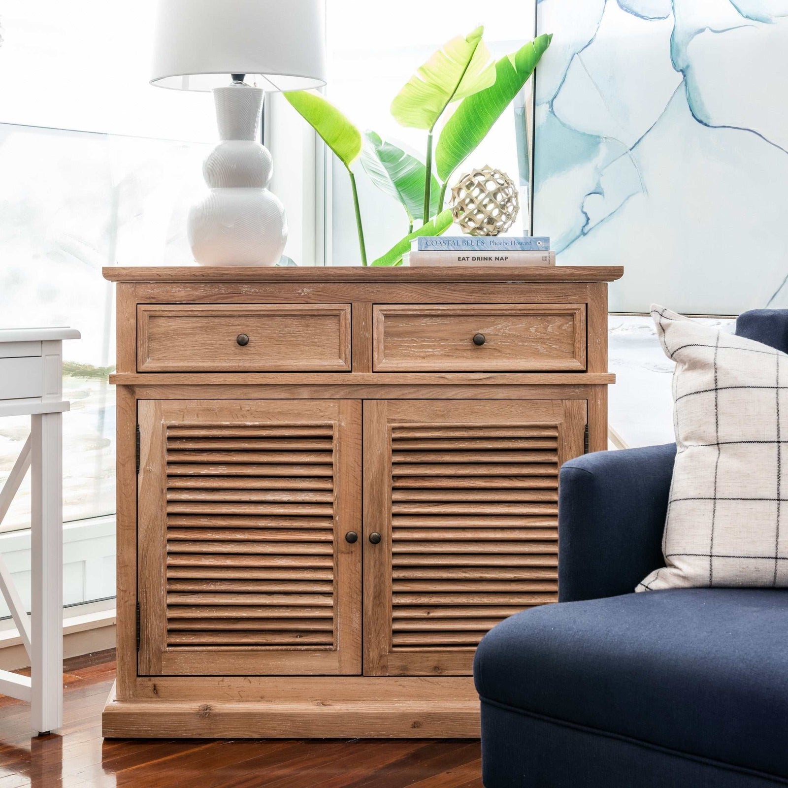 Plantation Small Louvre Buffet Whitewash Oak 100cm wide x 48cm deep x 90cm high