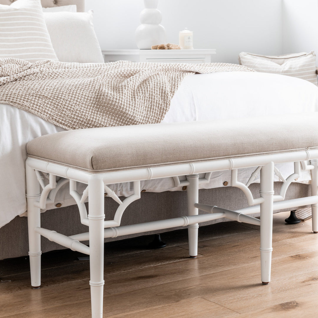 Raffles Linen Upholstered Oak Bench Seat Satin White Oatmeal 135cm wide x 45cm deep x 49cm high