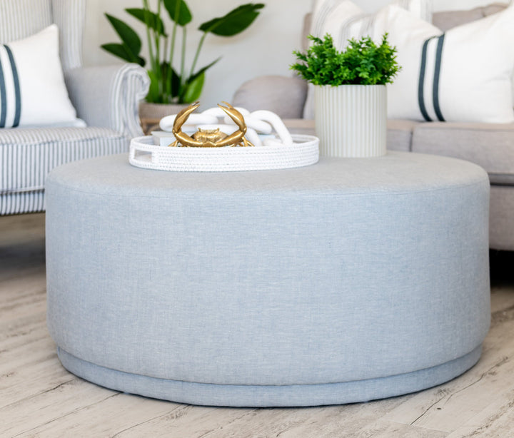 Justine Upholstered Round Large Ottoman Duck Egg Blue