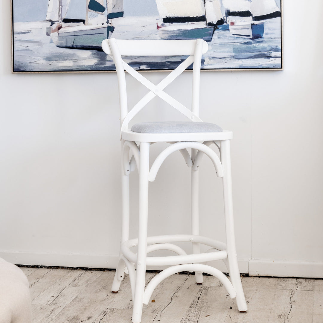 Carter Cross-back Kitchen Stool With Linen Seat Satin White Duck Egg Blue