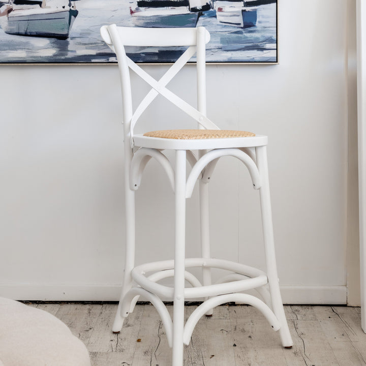 Carter Rattan Cross-back Kitchen Stool Satin White Rattan