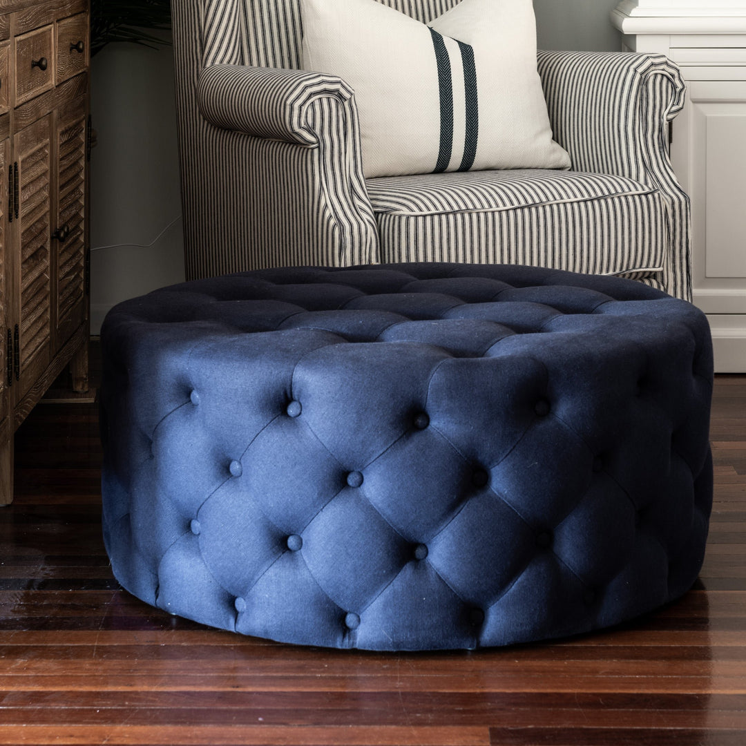 Charlotte Tufted Linen Round Upholstered Ottoman
