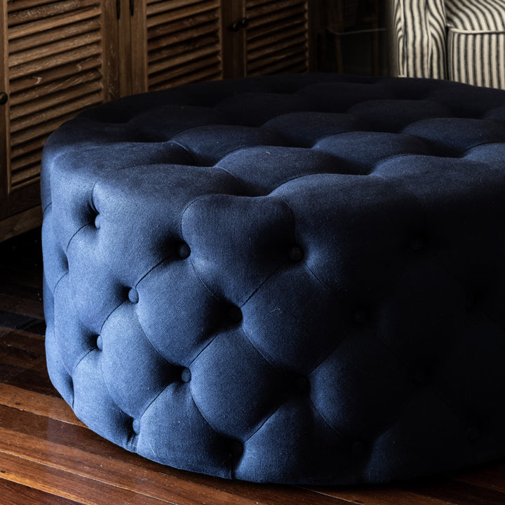 Charlotte Tufted Linen Round Upholstered Ottoman