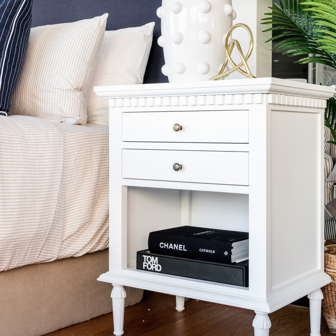 Regency Medium Bedside Table Satin White 60cm wide x 43cm deep x 76cm high