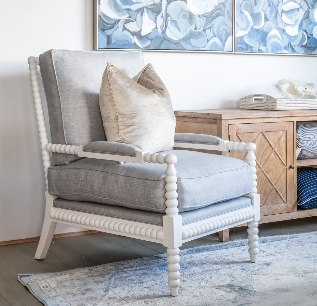 Bobbin Linen And Oak Armchair Satin White Duck Egg Blue 75cm wide x 85cm deep x 112cm high