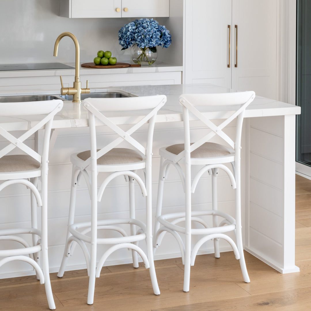 Carter Cross-back Kitchen Stool With Linen Seat Satin White Oatmeal